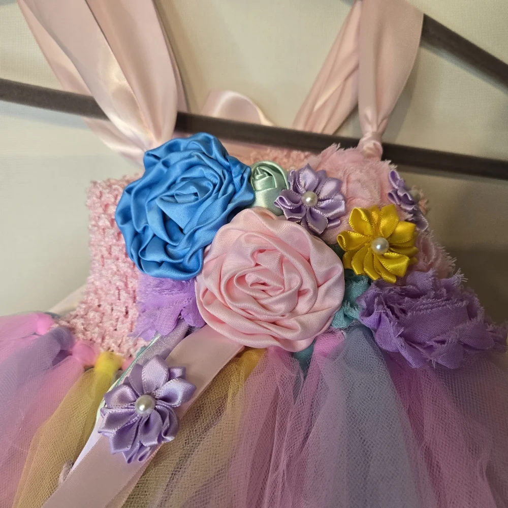 ANGEL TUTU Girls Pastel Floral Tulle Dress With Satin Flower Embellishments